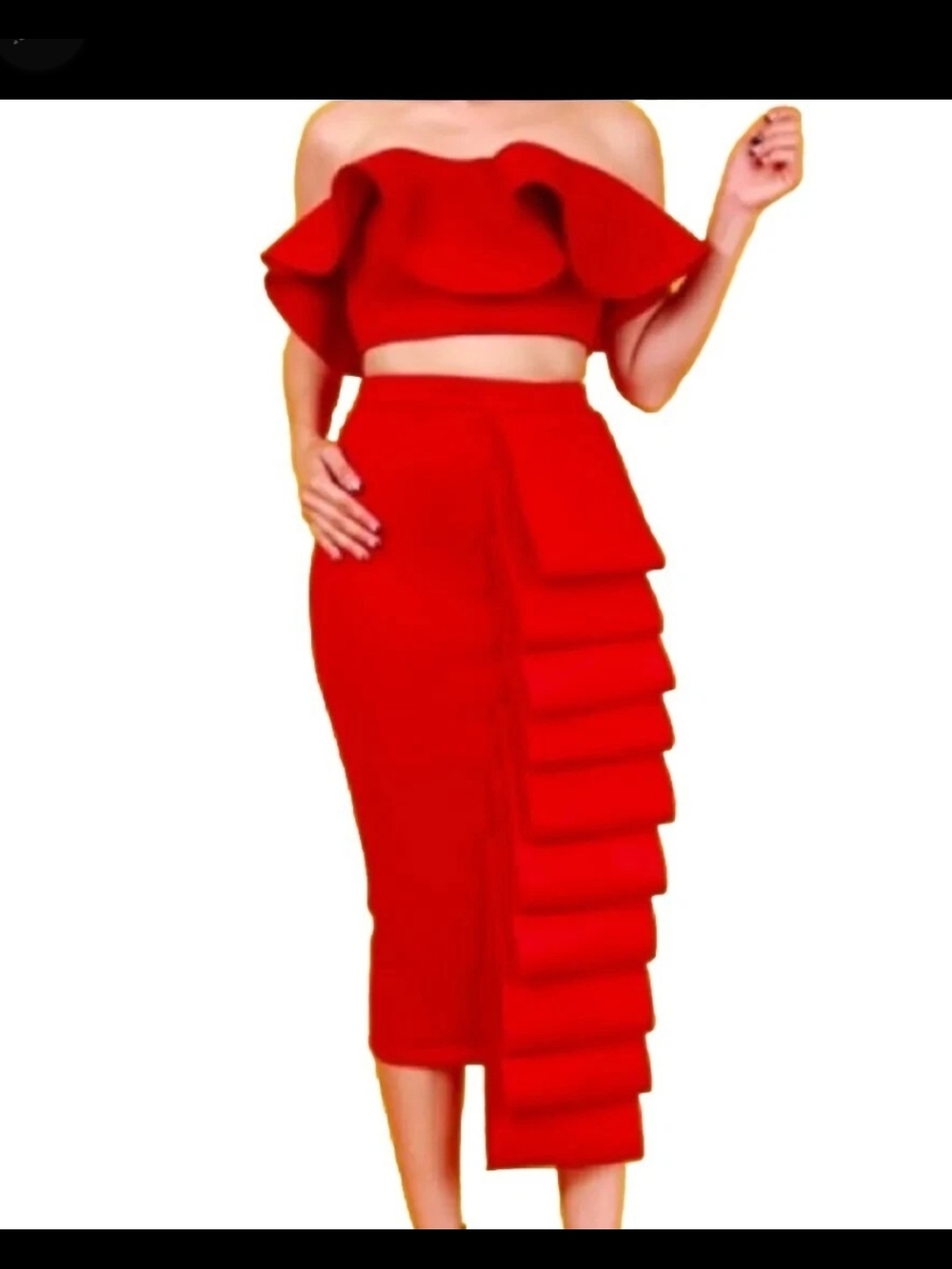 Red High-Waist Midi Skirt with Cascading Ruffle Panel